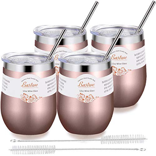 Stemless Wine Tumbler with Lid and Straw, Bastwe 4 Pack 12oz Stainless Steel Wine Glass, Double Wall Insulated Wine Tumbler for Champagne, Cocktail, Beer, Coffee, Drinks (Rose Gold)