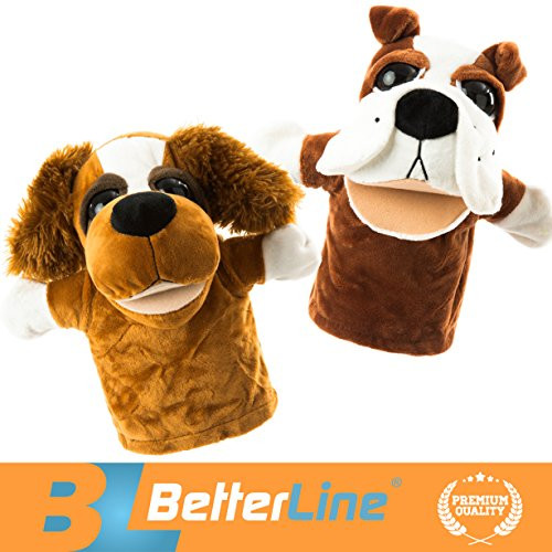 BETTERLINE Animal Hand Puppets Set of 2 Premium Quality, 9.5 Inches Soft Plush Hand Puppets for Kids- Perfect for Storytelling, Teaching, Preschool, Role-Play Toy Puppets (2 Dogs)