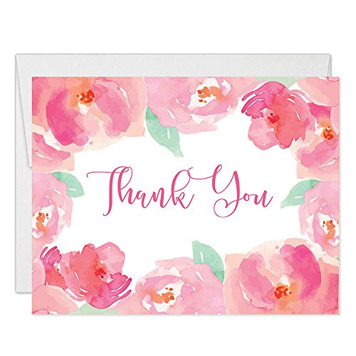 Thank You Cards Pink Floral Blooms Watercolor Notecards with Envelopes (Pack of 25) Folded Birthday Anniversary Baby Bridal Shower Christening Thanks Gracias Notes Excellent Value Thank You VT0001B