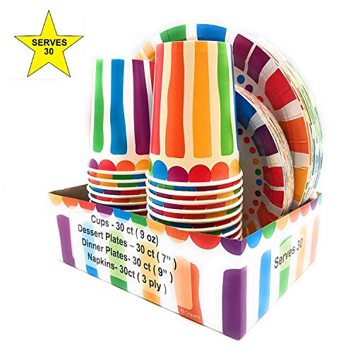 Serves 30 Rainbow Party Pack | 30 cups 9 oz | 30 Dessert Plates 7" | 30 Dinner Plates 9" | 30 Napkins | Serves 30 Serves 30 Rainbow Party Pack | 30 cups 9 oz | 30 Dessert Plates 7" | 30 Dinner Plates 9" | 30 Napkins | Serves 30