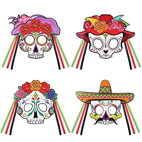 Amosfun Day of the Dead Masks Skeleton Half Mask Sugar Skull DIY Mask Mexican Fiesta Halloween Fancy Dress Up Costume Accessory 4PCS