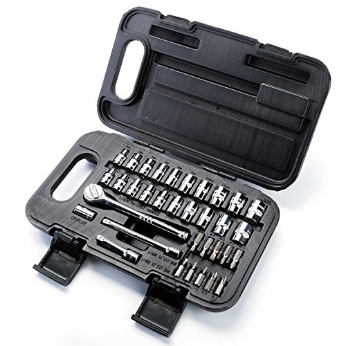 MAXPOWER 35pcs 1/4"Dr. Socket Wrench Set With Included Metric and SAE Sockets, Ratchet Handle, Extension Bars, Slot, Torx, Philips Bits, Bit Adapter, and Carrying Case