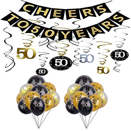50th Birthday Party Decorations KIT - Cheers to 50 Years Banner, Sparkling Celebration 50 Hanging Swirls,Gold and Black Latex 50 Birthday Balloons, Perfect 50 Years Old Party Supplies 50th Anniversary Decorations