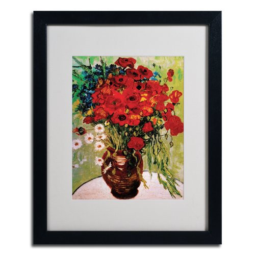 Vincent Van Gogh Daisies and Poppies Framed Matted Canvas Art, 16 by 20-Inch, Black
