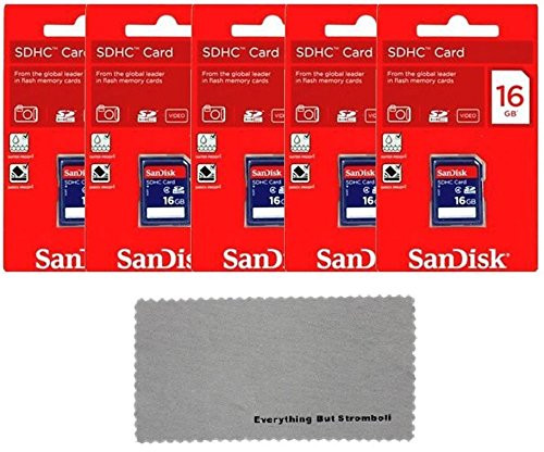 5 Pack SanDisk 16 GB Class 4 SD HC Flash Memory Card Retail - With Everything But Stromboli (tm) MicroFiber Cleaning Cloth
