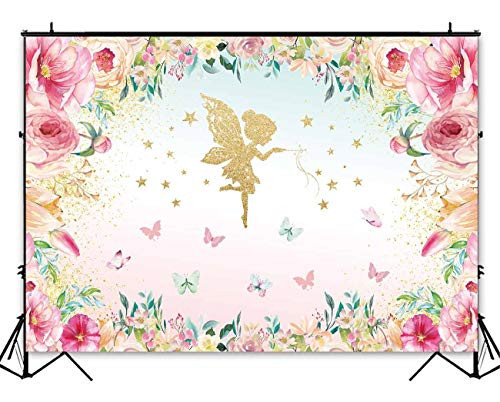 Funnytree 7X5ft Pink and Gold Floral Fairy Butterfly Party Backdrop Princess Flowers Girl Birthday Background Wonderland Tea Time Watercolor Baby Shower Decorations Photo Studio for Photography