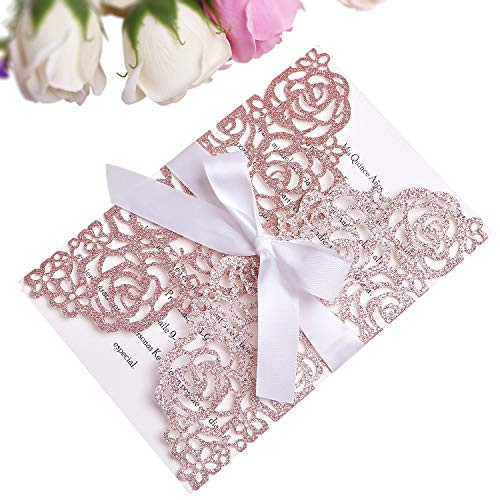 PONATIA 25PCS 250GSM 5.12 x 7.1'' Glitter Wedding Invitations Cards Laser Cut Hollow Rose With White Ribbons For Bridal Shower Engagement Birthday Graduation (Rose Gold Glitter)