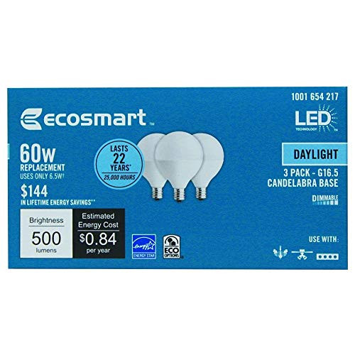EcoSmart 60W Equivalent Daylight Dimmable LED Light Bulbs G16.5 Candelabra Base (3 Pack)