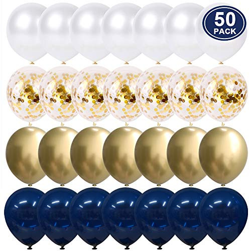Navy Blue and Gold Confetti Balloons, 50 pcs 12 inch Pearl White and Gold Metallic Chrome Birthday Balloons for Celebration 2019 graduation party balloons