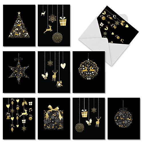10 Assorted Ornament Christmas Cards With Envelopes 4 x 5.12 inch - Boxed Holiday Greeting Cards 'Golden Holiday' - Beautiful Gold and Black Merry Xmas Notecards - Reindeer, Present, Gift M6723XSG