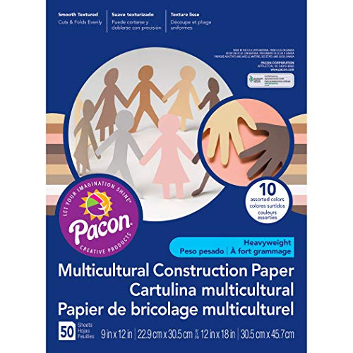 Pacon PAC9512BN Multicultural Construction Paper, 10 Assorted Colors, 12" x 18", 50 Sheets Per Pack, 3 Packs