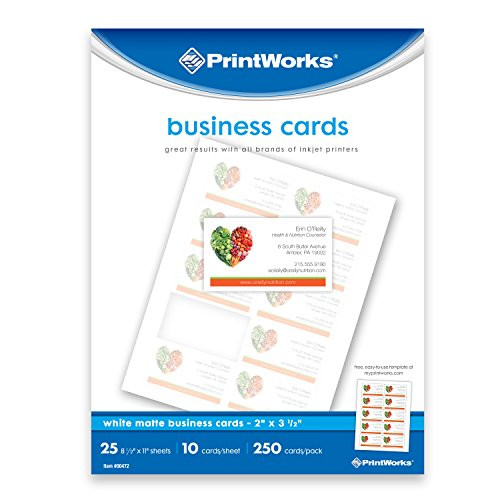 Printworks White Matte Business Cards, For Inkjet or Laser Printers or Copiers, Card Size 2 x 3 ½, 10 Cards per Sheet, 250 Cards per Pack, (00472)