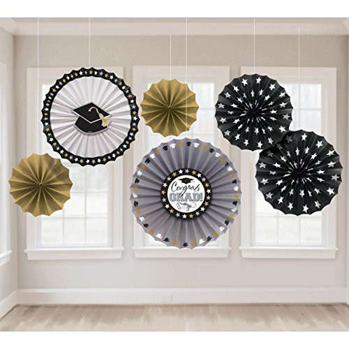 amscan Grad Paper Fan Decorations , Black, Silver & Gold, One Size, 6ct
