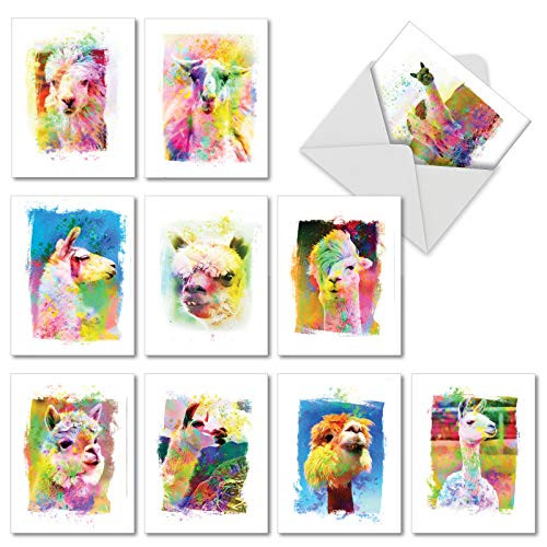 Funky Rainbow Llamas: 10 Assorted Blank All Occasions Notecards With Bright Bold Colors and Flamboyant Four Legged Creatures, with Envelopes. AM6862OCB-B1x10