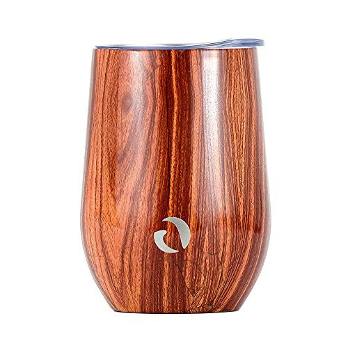 Drinco - Stainless Steel Wine Tumbler | Double Walled Triple Vacuum Insulated Stemless Wine Glass with Splash Proof Lid For Hot & Cold Drinks | California | 12oz | (Woodland, Single)