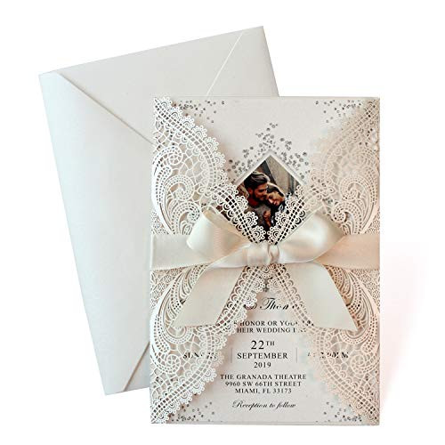 25-Set Laser Cut Wedding Invitations with Ribbon Bow - Photo Invitation Card Template, Elegant Bridal Shower Invites Save The Date, Include Laser Cut Covers, Blank Insert Cards, Ribbons, Envelopes