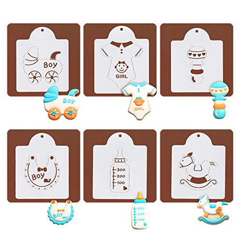 Baby Shower Cookie Stencil Set- Set of 6 - Onesie, Bib, Rattle, Bottle, Hobbyhorse and Baby Carriage - White /semi-transparent