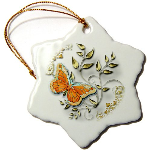 3dRose ORN_150941_1 Pretty Orange and Aqua Butterfly and Gold Leaf Accents Snowflake Ornament, Porcelain, 3-Inch