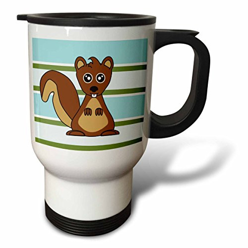 3dRose Cute Brown Squirrel Print Blue Green Stripe Stainless Steel Travel Mug, 14-Ounce