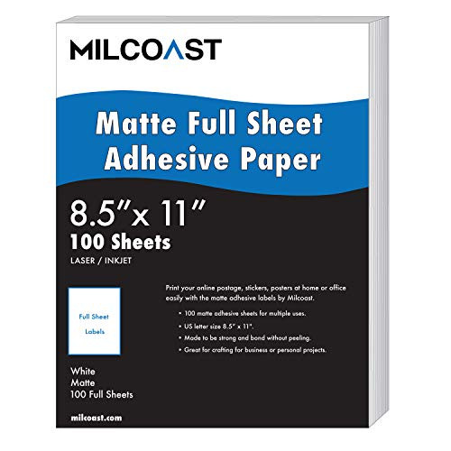 Milcoast Full Sheet 8.5 x 11 Matte Adhesive Sticker Paper Labels for Laser/Inkjet Printers (100 Full Sheet)