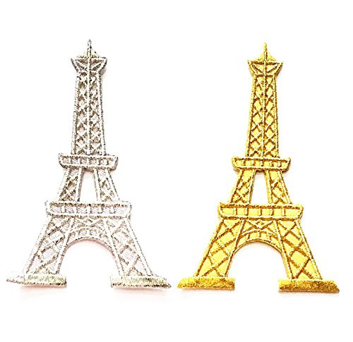 Nipitshop Patches Set 2 Pcs Eiffel Tower Paris France French Landmark White Gold Embroidered Embroidered Applique Iron-on Patch for Clothes Backpacks T-Shirt Jeans Skirt Vests Scarf Hat Bag