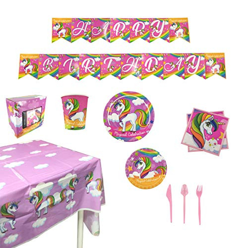 Unicorn Party Supplies Set ( 115 PCS )  Serves 16 Guests  Girls Birthday Party Decorations for kids  Disposable Table Cover, Plates, Cups, Napkins, Tableware and Happy Birthday Banner  Pink Magical Kit by STORS UK