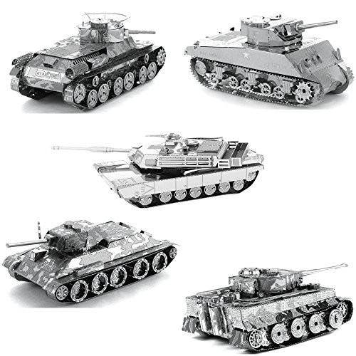 Fascinations Metal Earth Tanks 3D Metal Model Kits - M1 Abrams - Tiger 1 - T-34 - Chi-Ha - Sherman - Set of 5