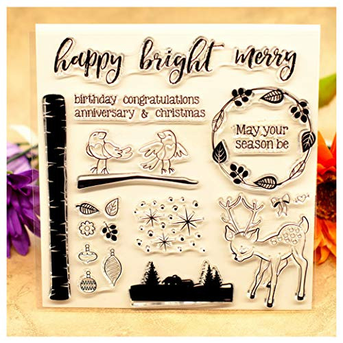 Kwan Crafts Merry Christmas Happy Bright Merry Birthday Congratulations Deer Clear Stamps for Card Making Decoration and DIY Scrapbooking