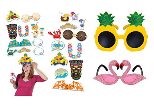 Luau Photo Prop Bundle | Includes Photo Fun Signs, Flamingo Glasses, and Pineapple Glasses