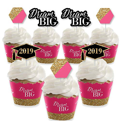Dream Big - Cupcake Decoration - 2019 Graduation Party Cupcake Wrappers and Treat Picks Kit - Set of 24