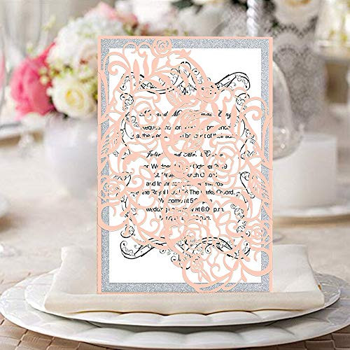 KAZIPA 25 PCs Laser Cut Wedding Invitations with envelopes Hollow Rose Invitations Cards for Wedding Bridal Shower Quinceañera Engagement Graduation Invites