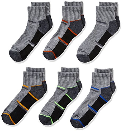 Fruit of the Loom Boys' 6-Pair Half Cushion Ankle Socks, gray assort, Large (Shoe Size: 3-9)