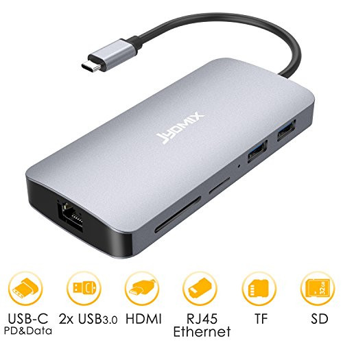 USB C Hub, JYDMIX All in One OTG USB C Adapter with USB-C Power Delivery, HDMI, SD/Micro SD/TF Card Reader, RJ45 Ethernet and 2 USB 3.0 Ports for Type C Devices