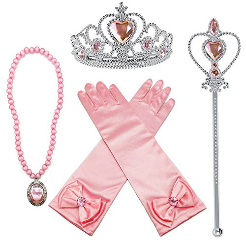 Princess Aurora Dress up Party Accessories Pink 4 Set Gloves, Tiara, Wand and Necklace Princess Aurora Dress up Party Accessories Pink 4 Set Gloves, Tiara, Wand and Necklace