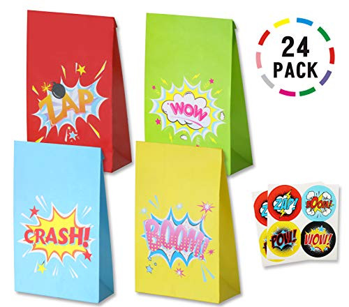 Uniceworld 24Pcs Superhero bombs Bags Party Favor Goodies Bags Birthday Theme Party Decoration Gift Bags with 24 Superhero Stickers Set of 24