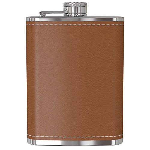 Flask for Liquor and Funnel - 8 Oz Leak Proof 18/8 Stainless Steel Pocket Hip Flask with Brown Leather Cover for Discrete Shot Drinking of Alcohol, Whiskey, Rum and Vodka | Gift for Men