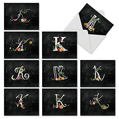 10 Assorted 'K Chalk and Roses' Boxed Note Cards with Envelopes 4 x 5.12 inch, All Occasion Blank Greeting Cards, Letter K Stationery Set for Weddings, Baby Showers and Birthdays M3795OCB-B1x10