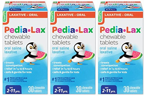 Pedia-Lax Oral Saline Laxative | Gentle & Safe Constipation Relief for Kids | Watermelon Flavor | 30 Chewable Tablets | Pack of 3
