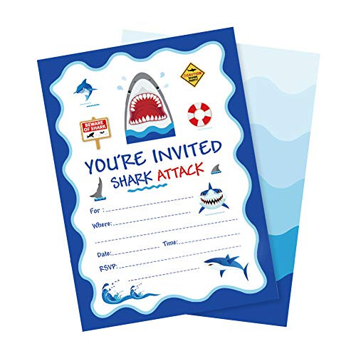 28 Count Shark Happy Birthday Invitations Invite Cards, Summer Ocean Aquatic Pool Party Invites Including Blue Envelopes for Ocean Shark Party Theme Baby Shower and Kid's Birthday Party