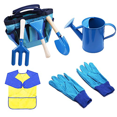 MoTrent Children Gardening Tools Set, 7 PCS Kids Garden Tool Toys Including Watering Can, Gardening Gloves, Shovel, Rake, Trowel, Garden Toe Bag and Kids Smock