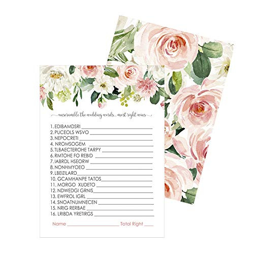 Graceful Floral Bridal Shower Games for Guests - 25 Word Scramble Activity Cards - Rustic Wedding Theme