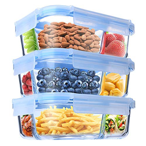Glass Meal Prep Containers TIME4DEALS 3 Pack 36 Oz Upgraded Glass Lunch Containers 3 Compartments Independent Seal No Food Odor Lunch Box Bento Box, BPA-Free, Microwave, Oven, Freezer, Dishwasher Safe