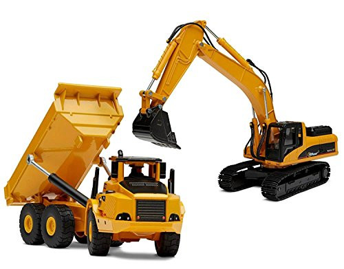 Top Race Diecast Metal Construction Trucks, Heavy Metal Excavator and Dump Truck, Free Wheeler Die Cast Construction Toys, Set of 2