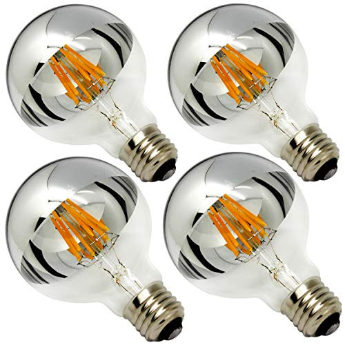 Half Chrome Light Bulb Dimmable 6W (Equivalent 60 Watt) G80/ G25 Globe Shape 2700K Warm White Decorative LED Edison Bulb Sliver Tipped Mirror Larger Light Bulb E26 Base Pack of 4 Half Chrome Light Bulb Dimmable 6W (Equivalent 60 Watt) G80/ G25 Globe Shape 2700K Warm White Decorative LED Edison Bulb Sliver Tipped Mirror Larger Light Bulb E26 Base Pack of 4