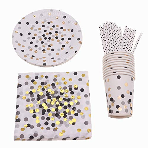 Wedding Birthday Party Supplies Disposable Gold Foil Dot Tableware Set Paper Straw Plate Napkins Cup Party Decorations for Kids (Black)