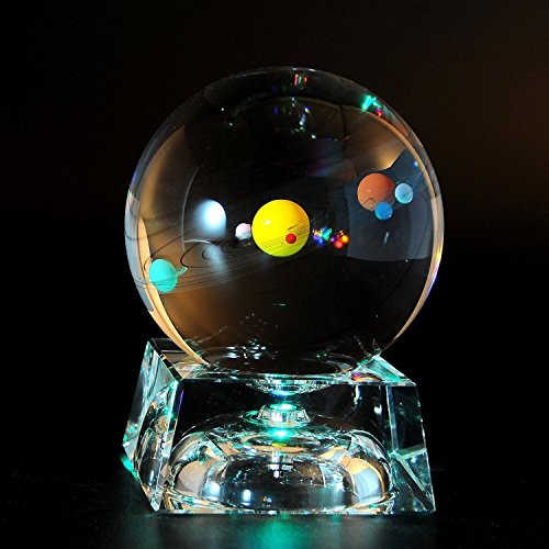 Solar System 3D Crystal Ball with LED lamp Base Clear 80mm (3.15 inch) Glass Sphere Best Birthday Gift for Kids, Teacher of Physics, Astronomer, Lover of the Universe, Boyfriend, Girlfriend, Classma