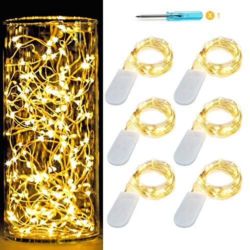 [6-PACK] 7Feet Starry String Lights,Fairy Lights Battery Operated with 20 Micro Leds On Silvery Copper Wire. 2pcs CR2032(Incl), Works for Wedding Centerpiece,Party,Table Decorations(Warm White)