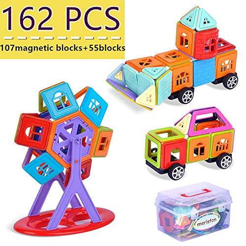 Magnetic Building Blocks, Magnetic Toys 3D Magnetic Building Tiles 162 pcs(107magnetic blocks+ 55 blocks) for Kids Creative Educational Construction Magnet Block Toys for Children +Storage Bin