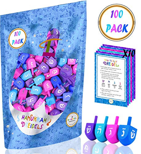 The Dreidel Company Hanukkah Dreidels Wood Multi-Colored Medium Sized Draydels English Translation - Includes 10 Game Instruction Cards! (100-Pack)