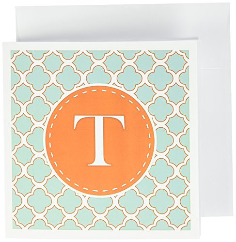 3dRose Greeting Cards, 6 x 6 Inches, Pack of 6, Letter T Orange Monogram Blue Quatrefoil Pattern (gc_210621_1)